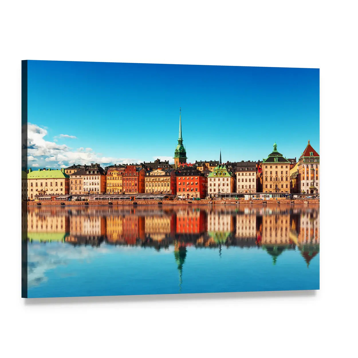 Gamla Stan, Stockholm Waterfront Reflections Canvas Wall Art, single panel gallery wrapped canvas, angled product view