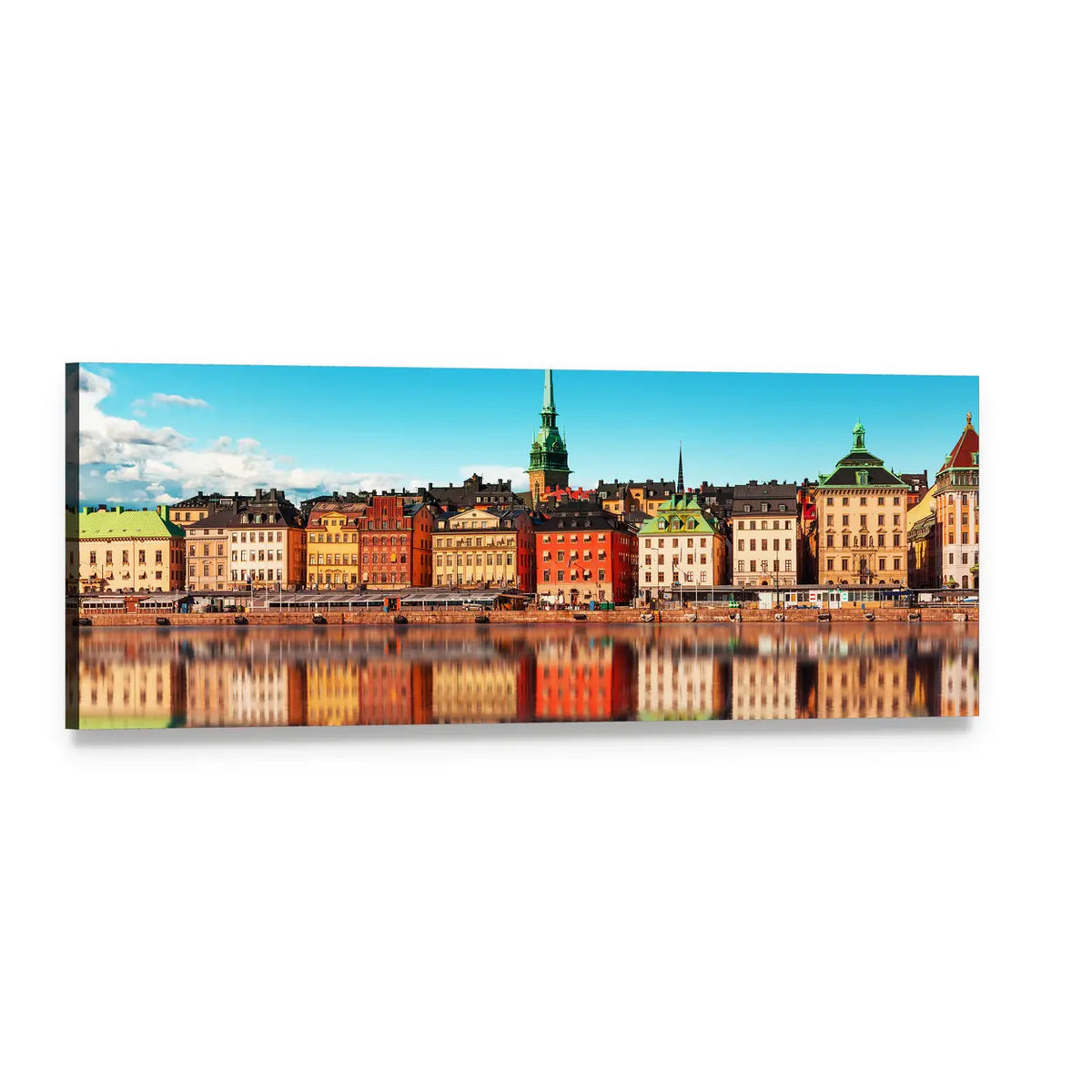 Gamla Stan Stockholm Waterfront Reflections Panoramic Canvas Wall Art, single panel gallery wrapped canvas, angled product view