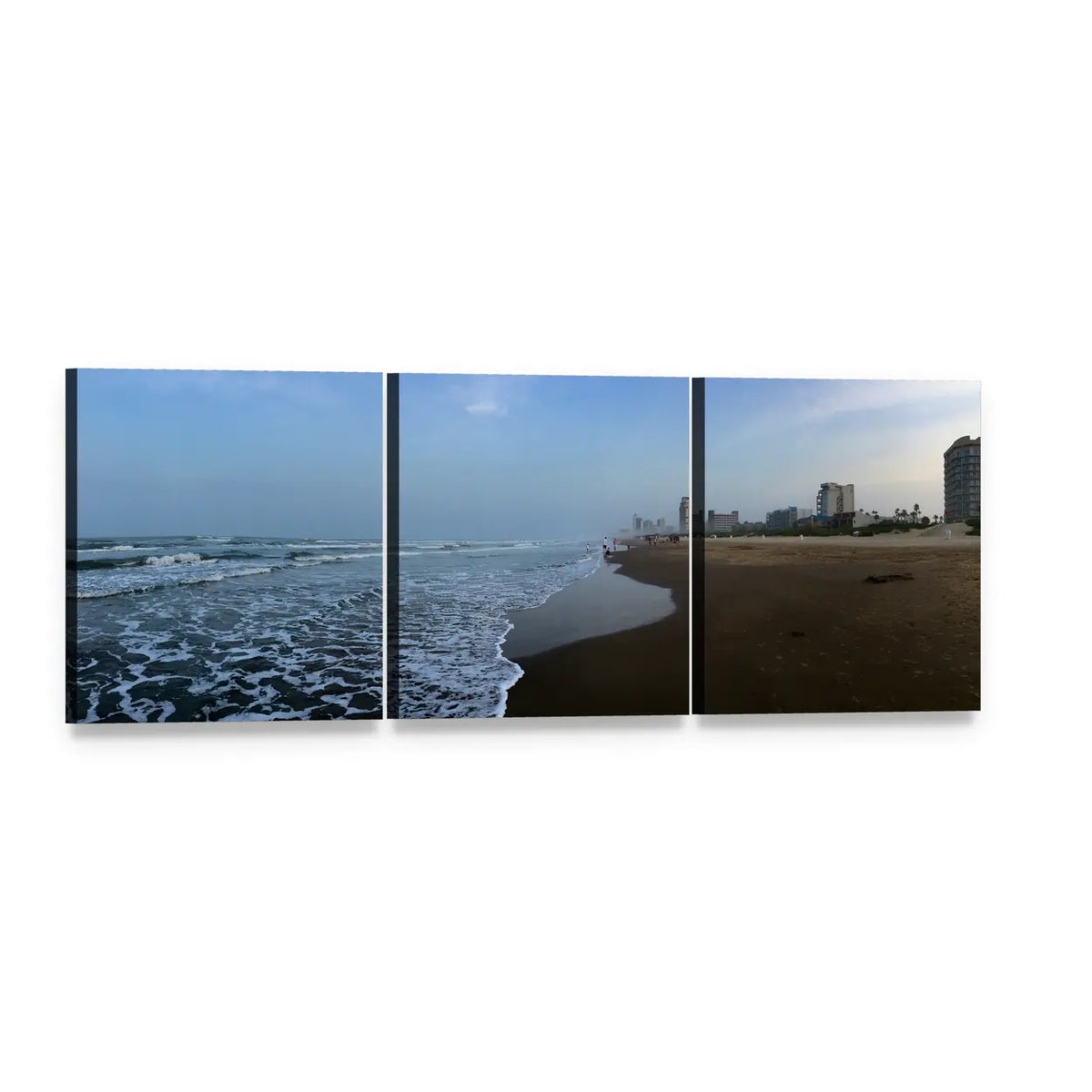 Gulf of Mexico Coastal Skyline Panoramic Canvas Wall Art, 3 panel 3 Piece layout gallery wrapped canvas set, angled product view