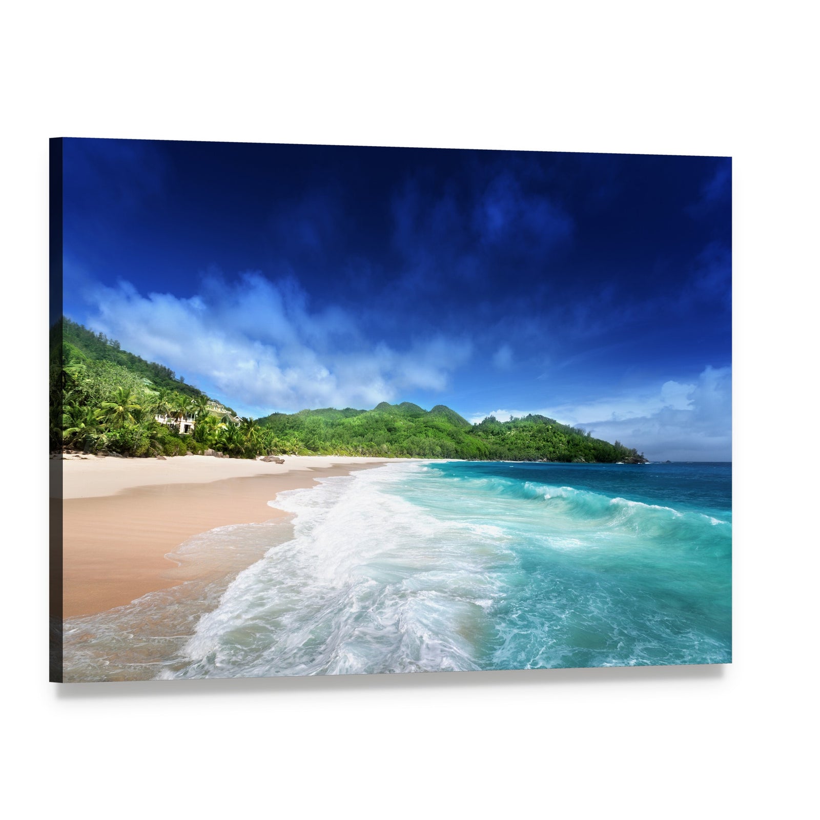 Beach at Mahe Island Seychelles Canvas Wall Art, single panel gallery wrapped canvas, angled product view