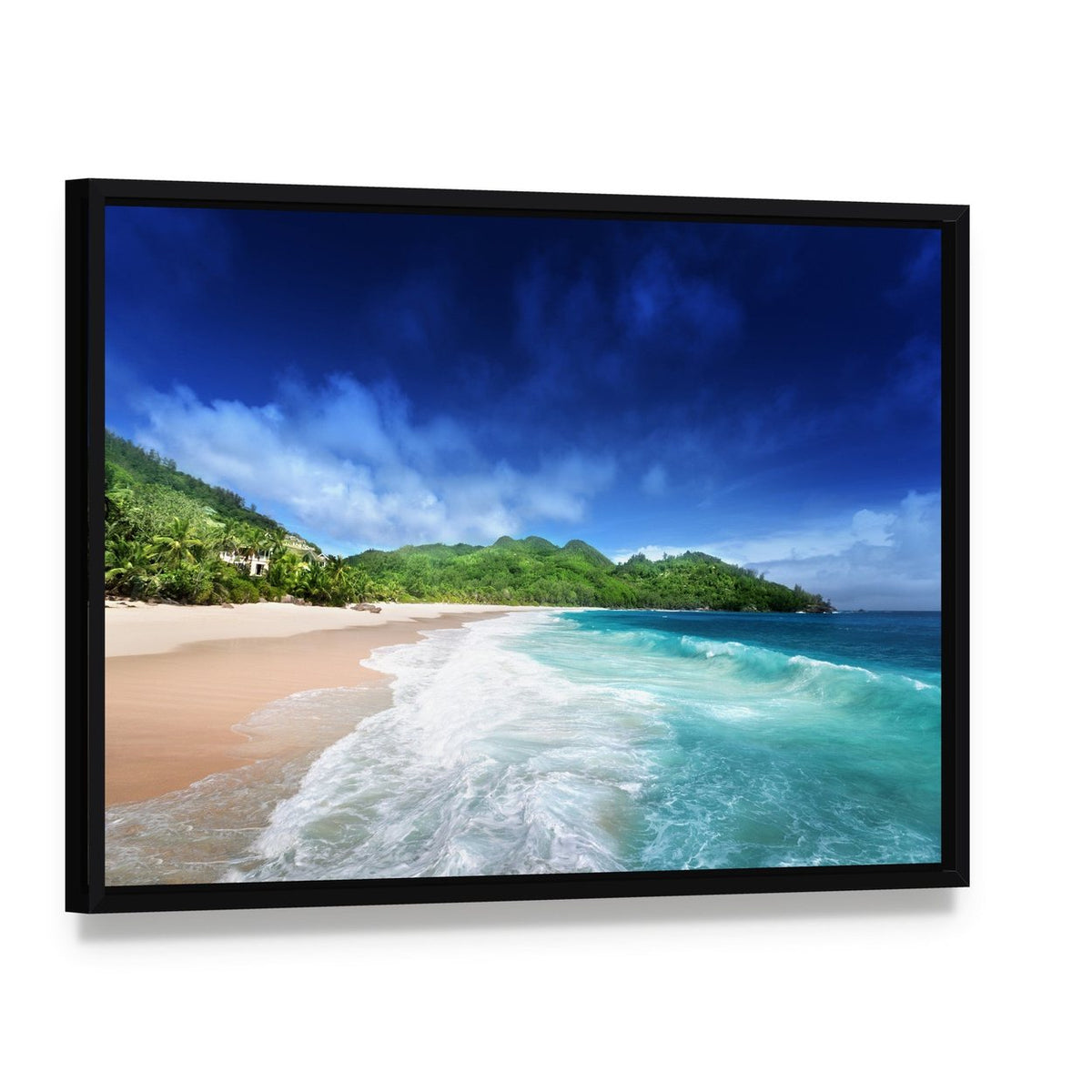 Beach at Mahe Island Seychelles Canvas Wall Art, framed canvas in a black floater frame, angled product view