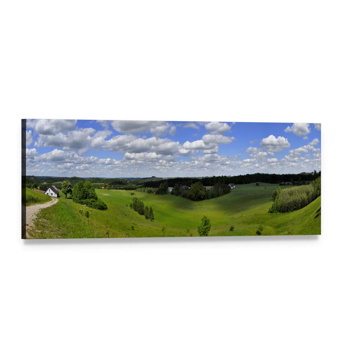 Rolling Green Hills with White Farmhouse Panoramic Canvas Wall Art, single panel gallery wrapped canvas, angled product view