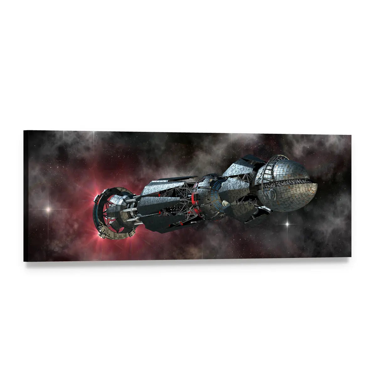 Interstellar Spaceship Over Nebula Panoramic Canvas Wall Art, single panel gallery wrapped canvas, angled product view