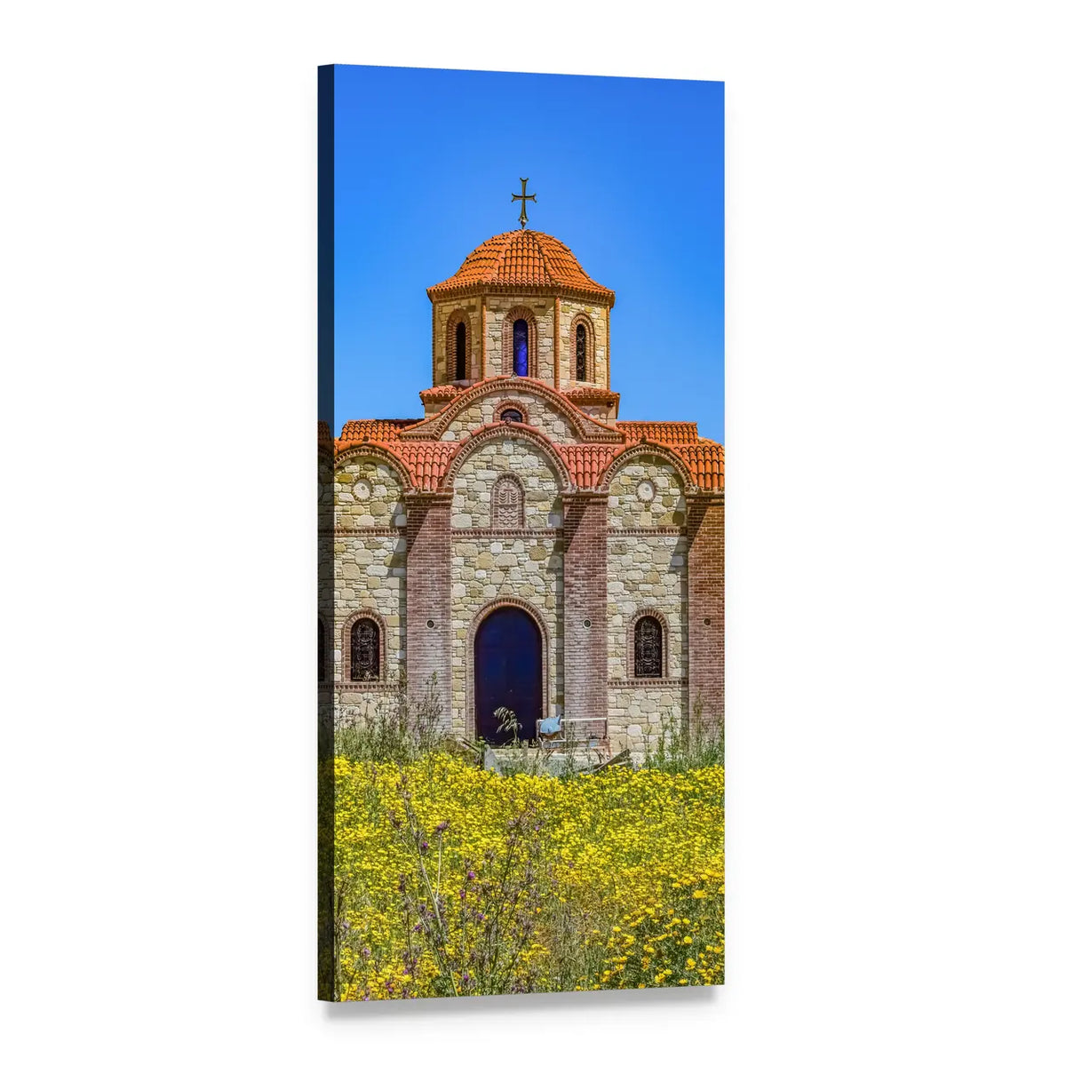 Orthodox Church with Yellow Wildflowers Vertical Canvas Wall Art, 1 panel 1 Vertical layout gallery wrapped canvas set, angled product view