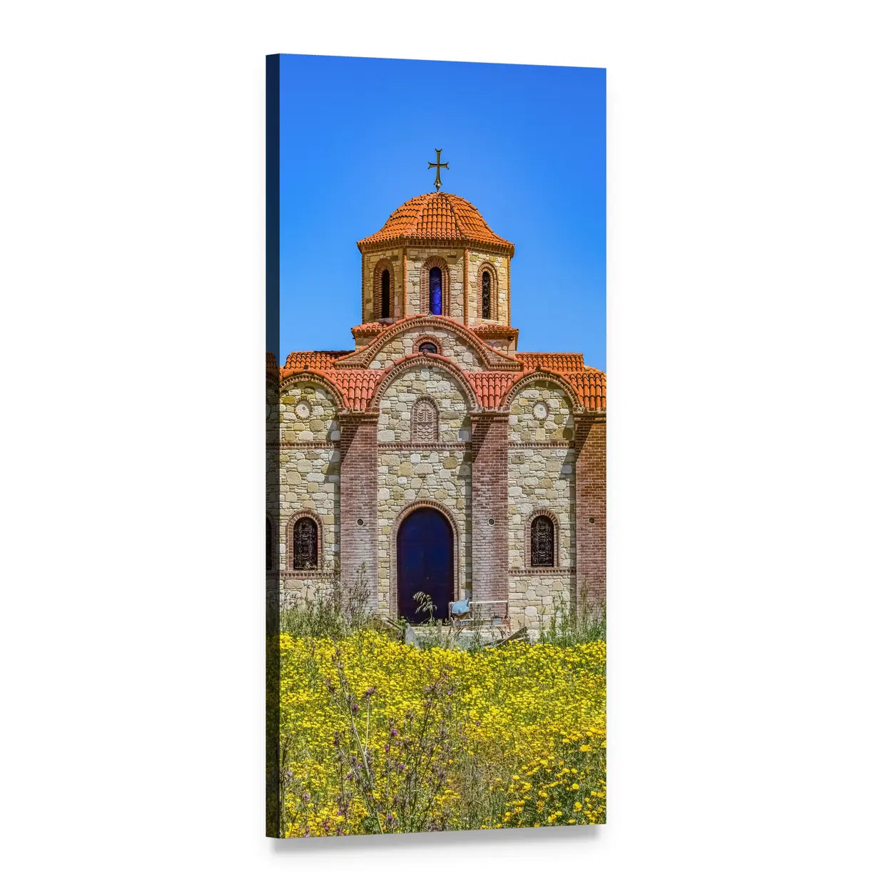 Orthodox Church with Yellow Wildflowers Vertical Canvas Wall Art, 1 panel 1 Vertical layout gallery wrapped canvas set, angled product view