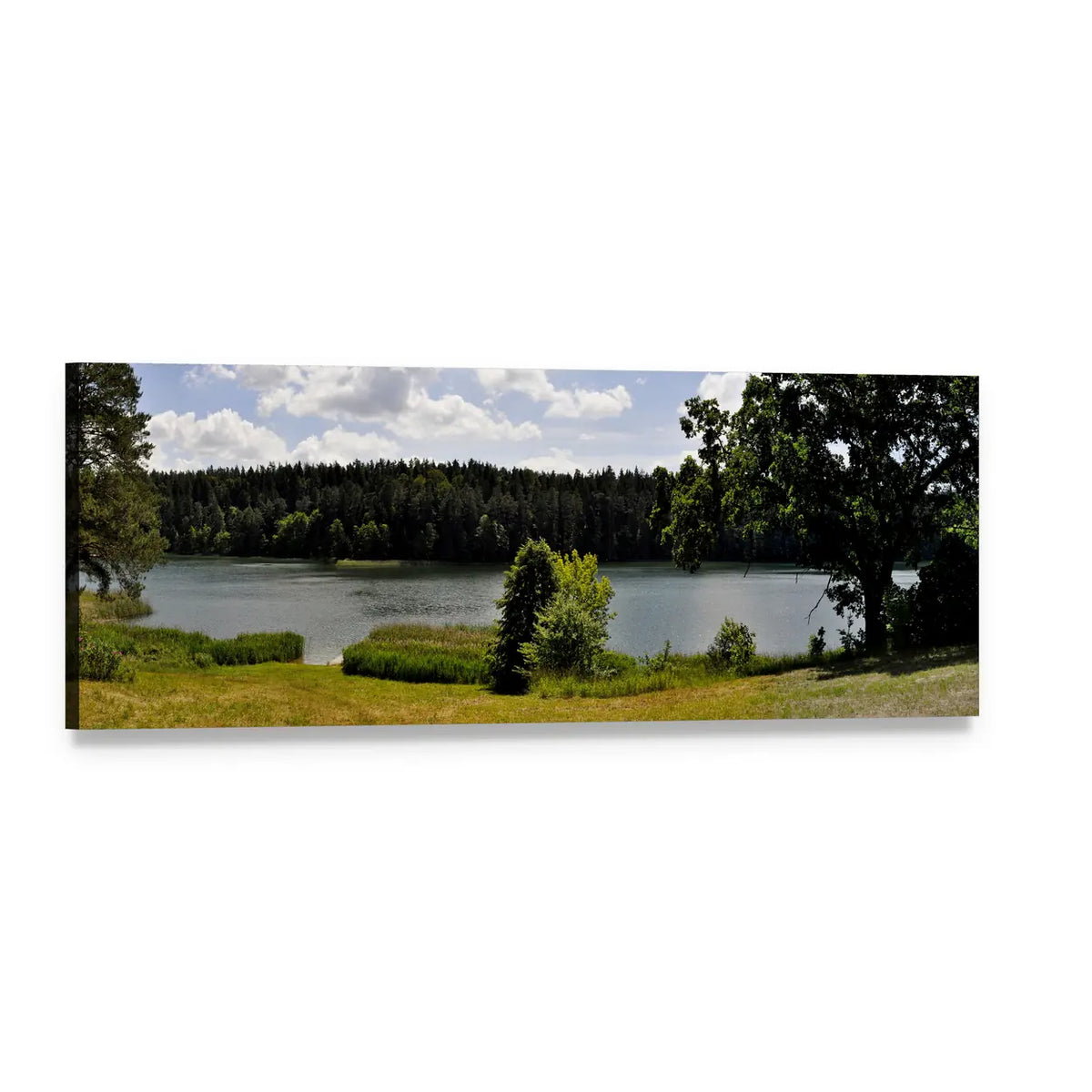 Forest Lake Landscape Panoramic Canvas Wall Art, single panel gallery wrapped canvas, angled product view