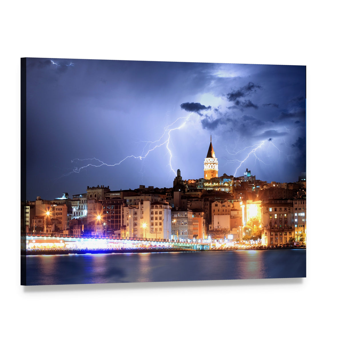 Lightning Over Istanbul City Skyline Canvas Wall Art, single panel gallery wrapped canvas, angled product view