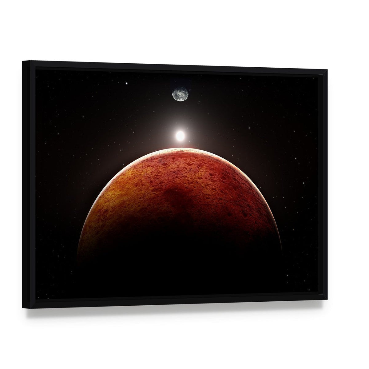 Planet Mars with Moon Canvas Wall Art, framed canvas in a black floater frame, angled product view