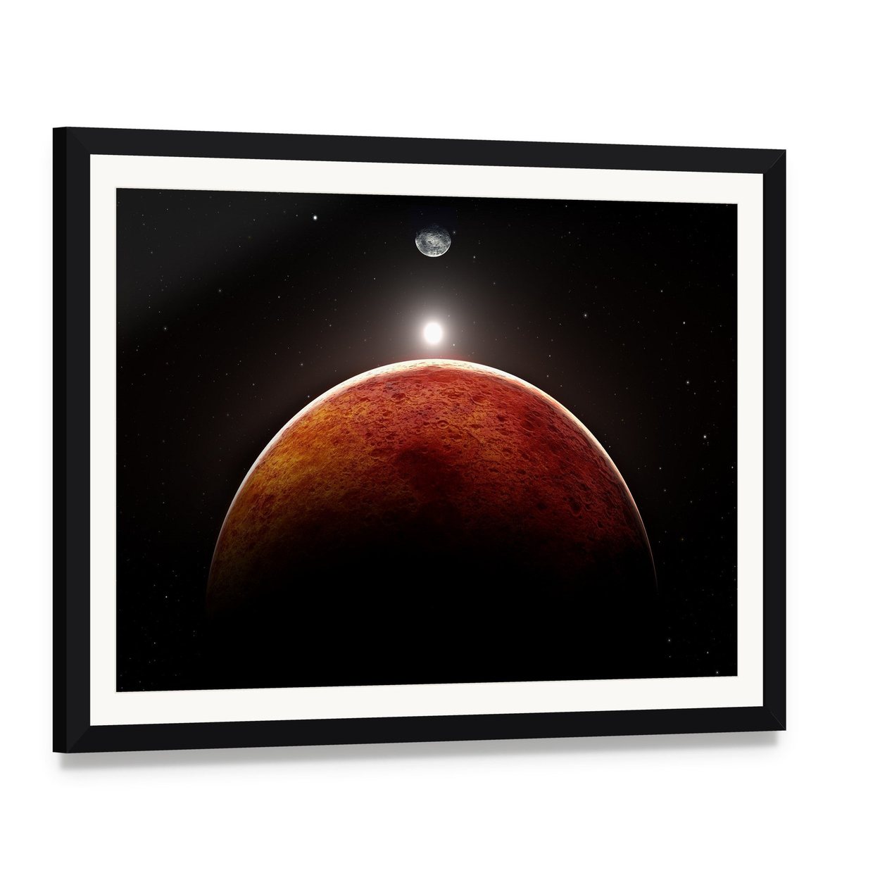 Planet Mars with Moon Canvas Wall Art, framed print with white mat and black frame, angled product view