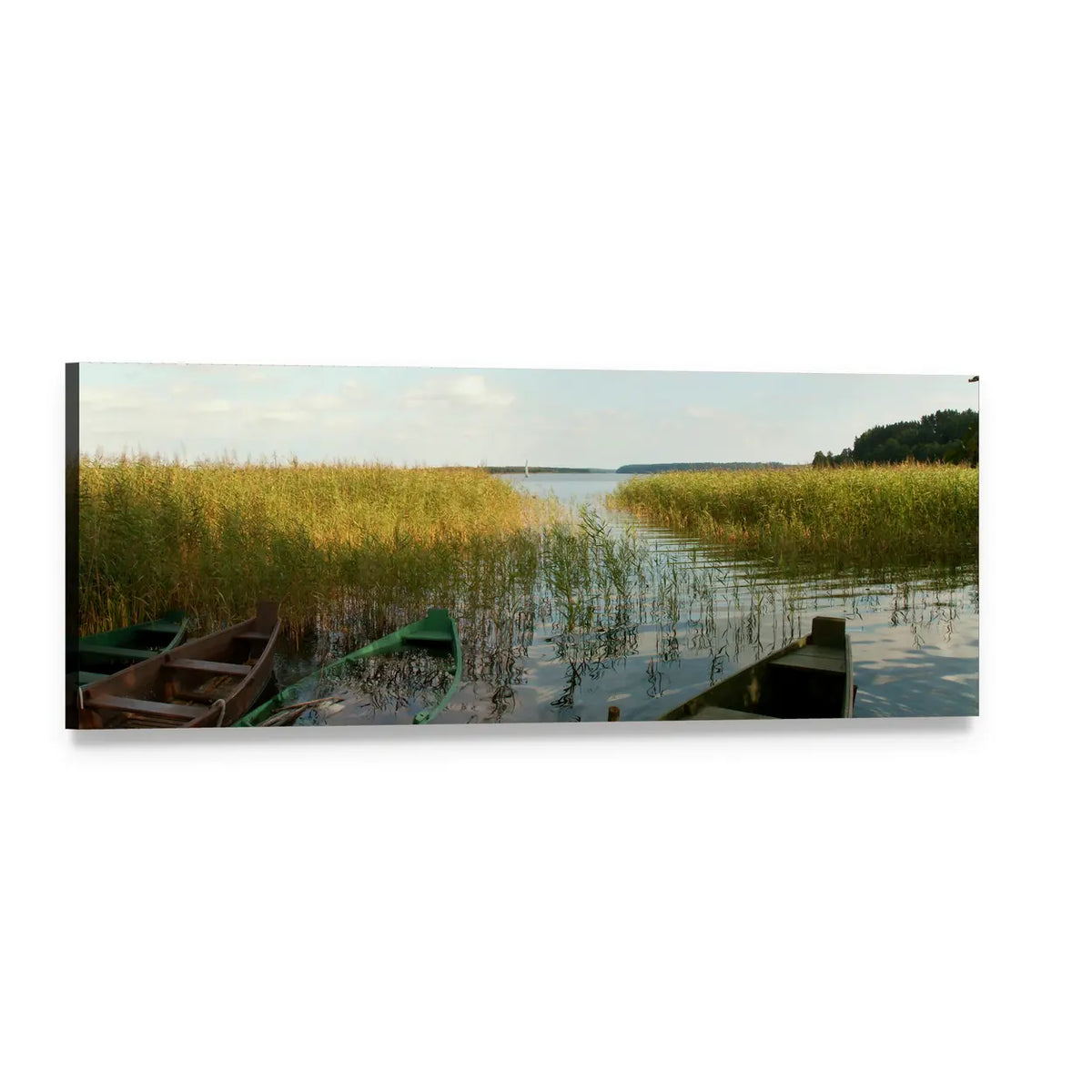 Old Rowboats Among Golden Reeds Panoramic Canvas Wall Art, single panel gallery wrapped canvas, angled product view