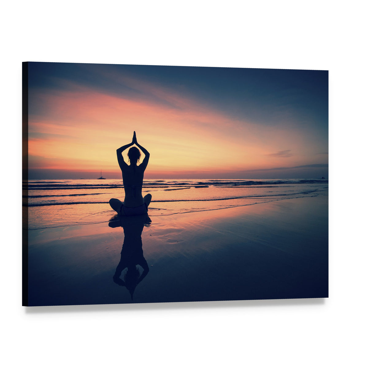 Silhouette of Woman Practicing Yoga at the Seaside Canvas Wall Art, single panel gallery wrapped canvas, angled product view