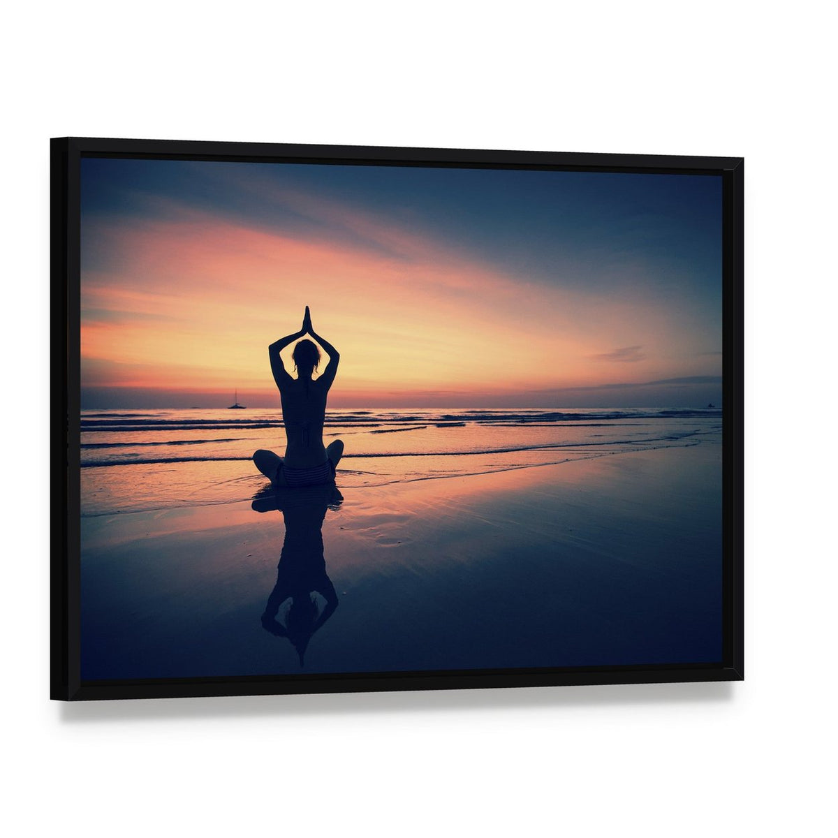 Silhouette of Woman Practicing Yoga at the Seaside Canvas Wall Art, framed canvas in a black floater frame, angled product view