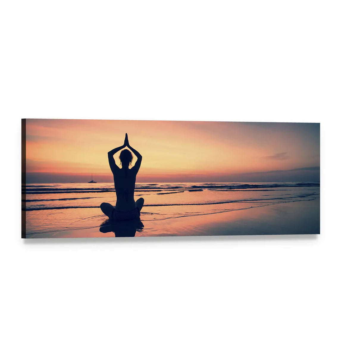 Woman Meditating on Beach at Sunset Panoramic Canvas Wall Art, single panel gallery wrapped canvas, angled product view