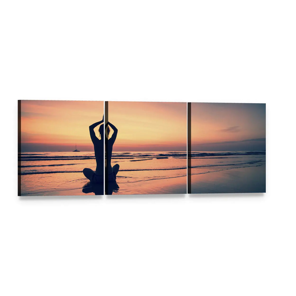 Woman Meditating on Beach at Sunset Panoramic Canvas Wall Art, 3 panel 3 Piece layout gallery wrapped canvas set, angled product view