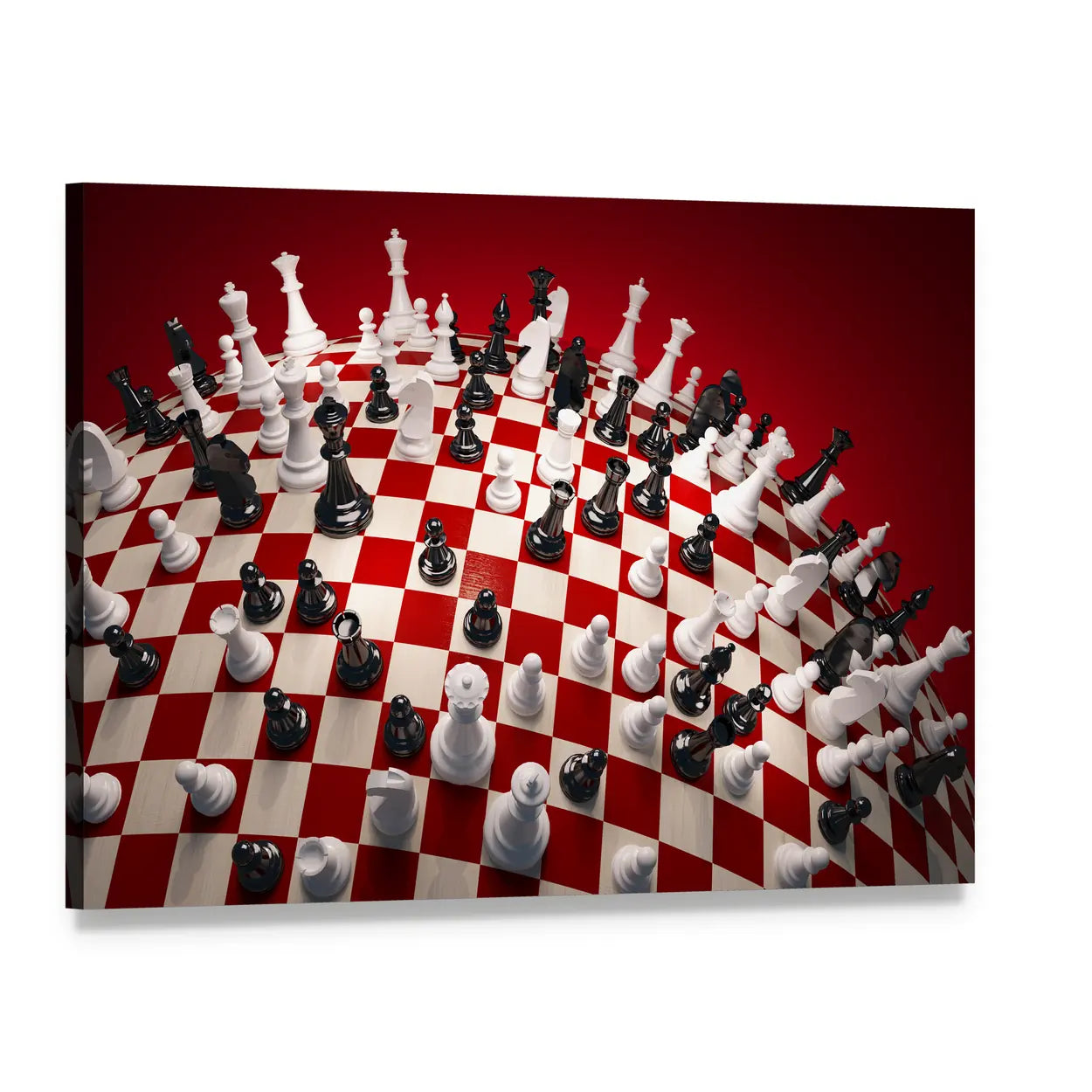 Fisheye Chessboard with White and Black Pieces Canvas Wall Art, single panel gallery wrapped canvas, angled product view