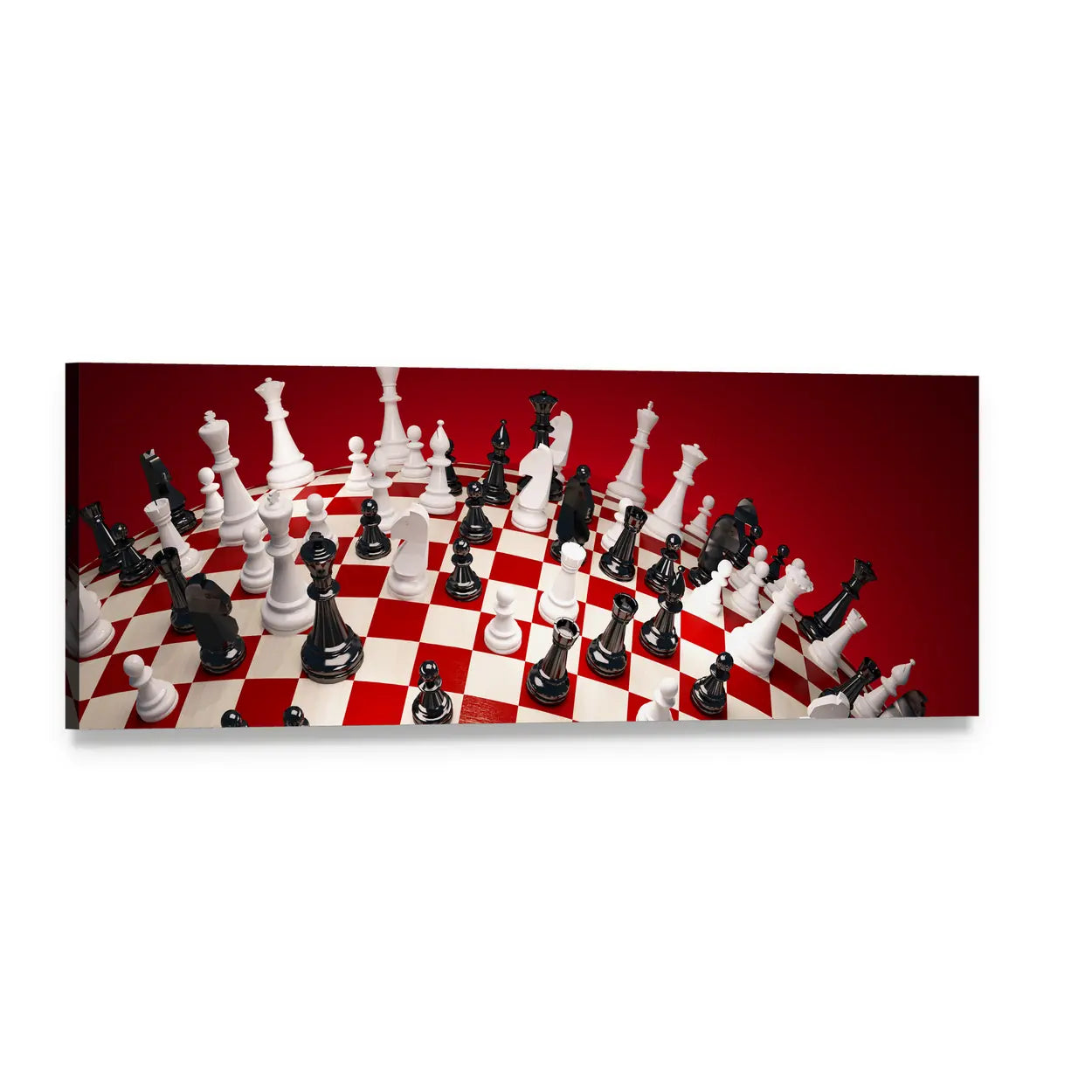 Curved Chessboard with Black and White Pieces on Red Panoramic Canvas Wall Art, single panel gallery wrapped canvas, angled product view