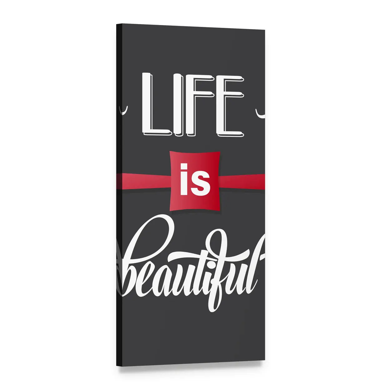 Life Is Beautiful Typographic Quote Vertical Canvas Wall Art, 1 panel 1 Vertical layout gallery wrapped canvas set, angled product view