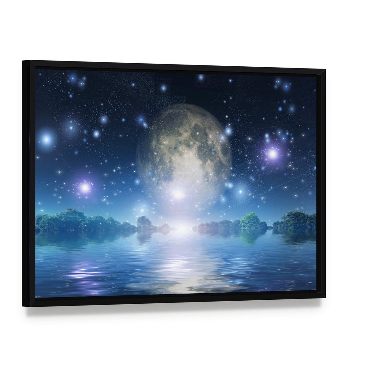Moon Rise Over Water Canvas Wall Art, framed canvas in a black floater frame, angled product view