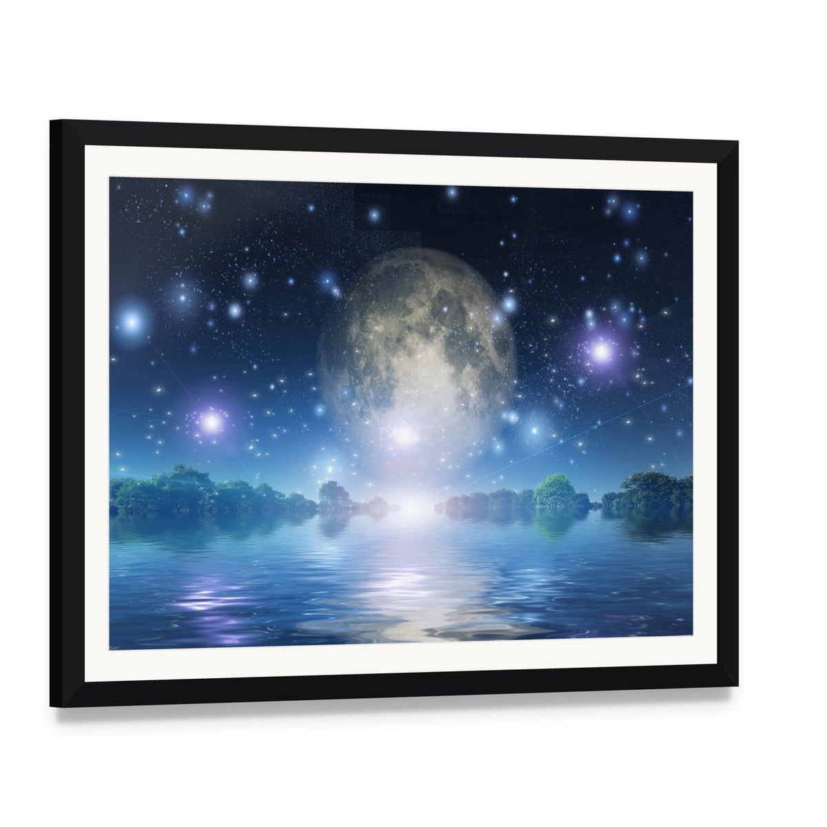 Moon Rise Over Water Canvas Wall Art, framed print with white mat and black frame, angled product view
