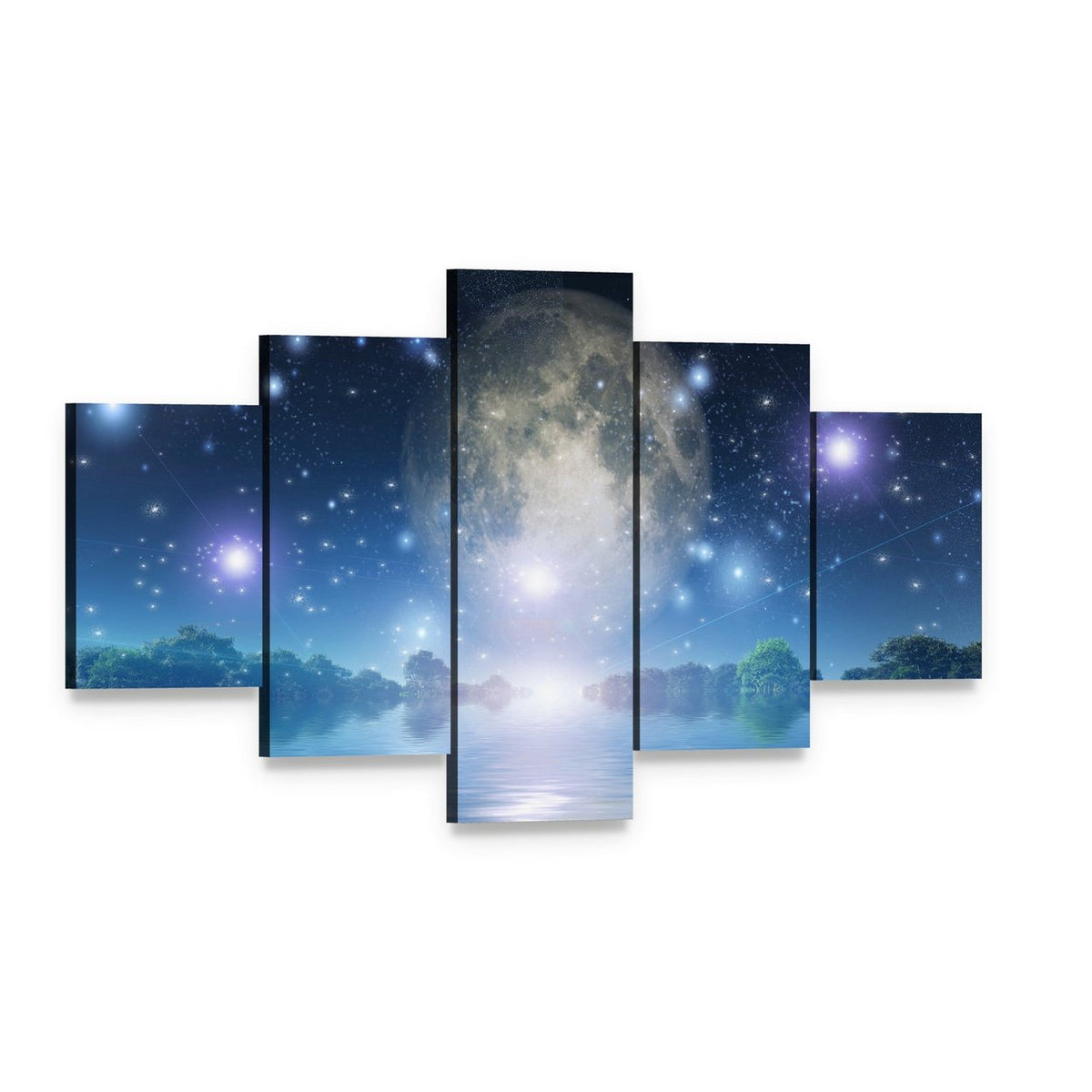 Moon Rise Over Water Canvas Wall Art, 5 panel 5 Star layout gallery wrapped canvas set, angled product view