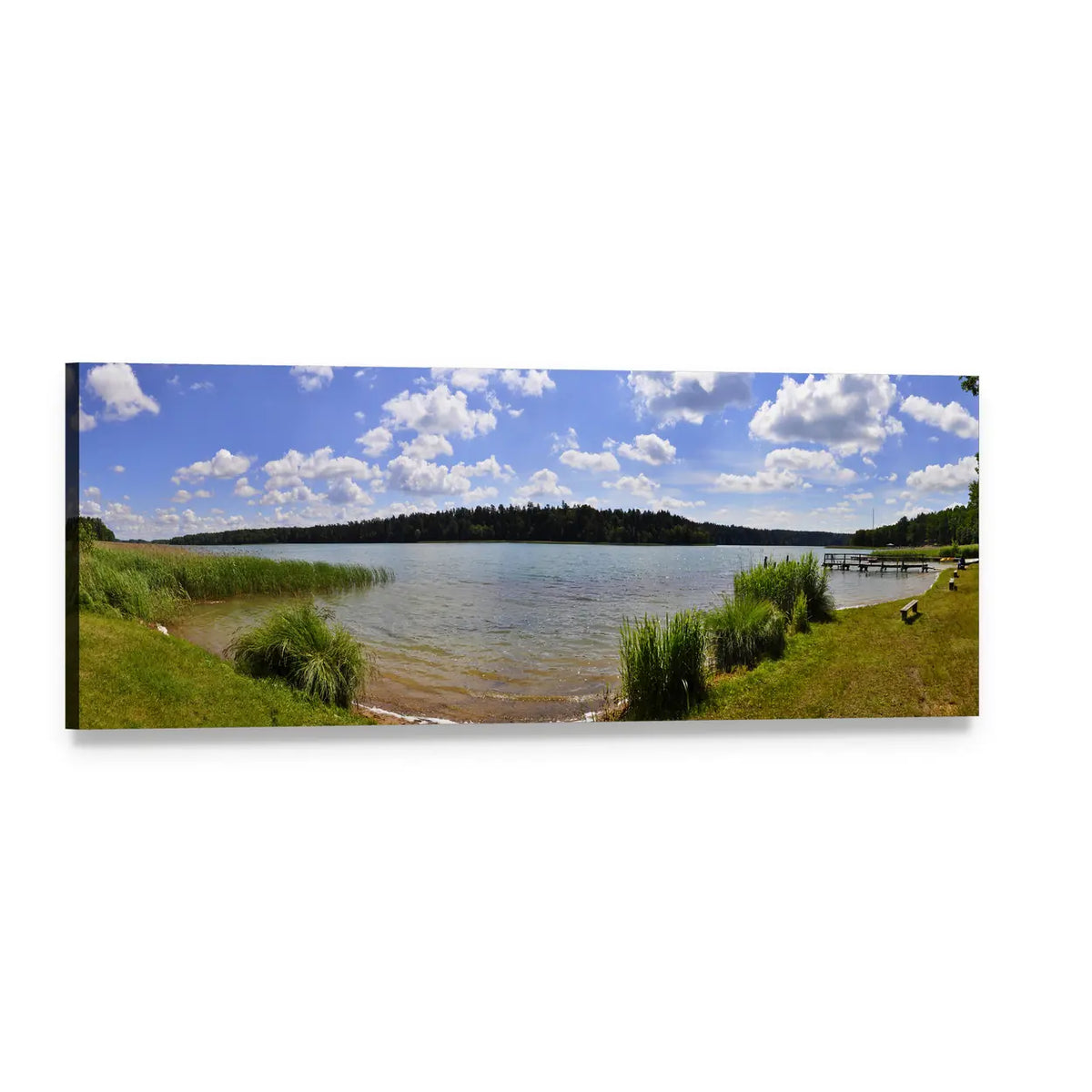 Summer Lake with Wooden Dock Panoramic Canvas Wall Art, single panel gallery wrapped canvas, angled product view