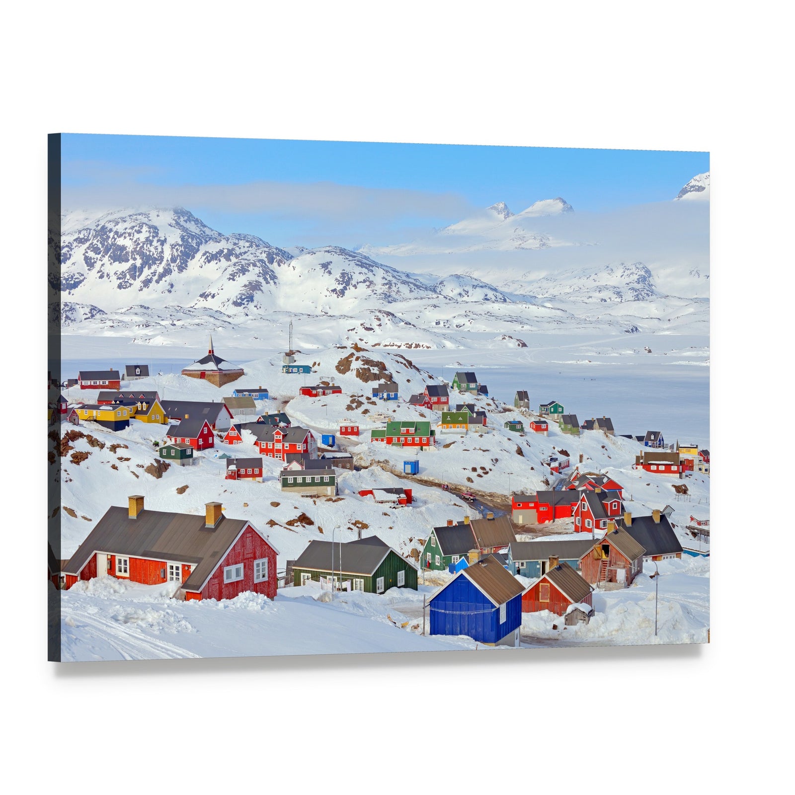 Colorful Houses in Greenland Canvas Wall Art, single panel gallery wrapped canvas, angled product view
