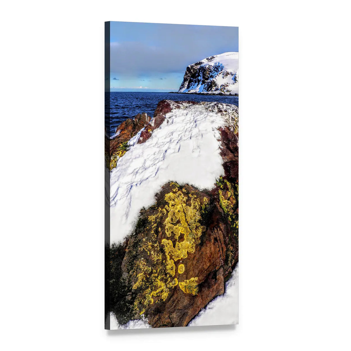 Hard Stones on Snowy Coast Vertical Canvas Wall Art, 1 panel 1 Vertical layout gallery wrapped canvas set, angled product view