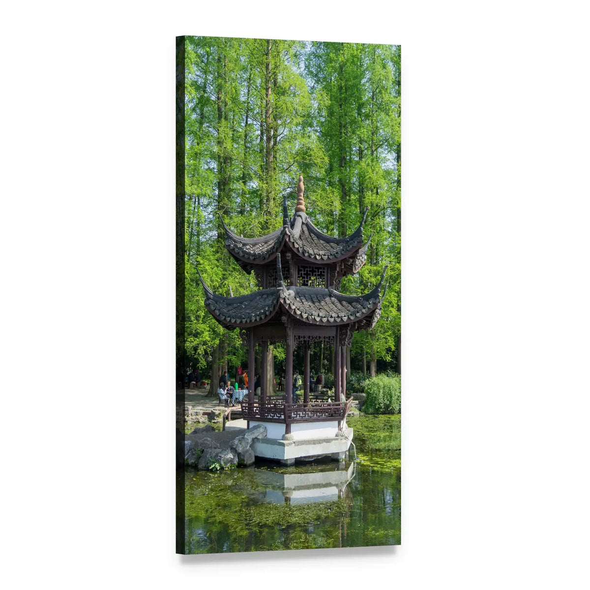 Pagoda on Water in Lush Forest Vertical Canvas Wall Art, 1 panel 1 Vertical layout gallery wrapped canvas set, angled product view