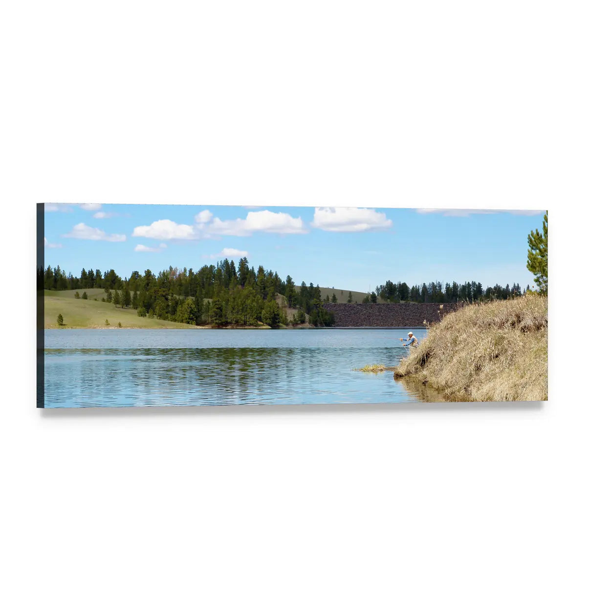 Deerfield Lake Landscape Panoramic Canvas Wall Art, single panel gallery wrapped canvas, angled product view