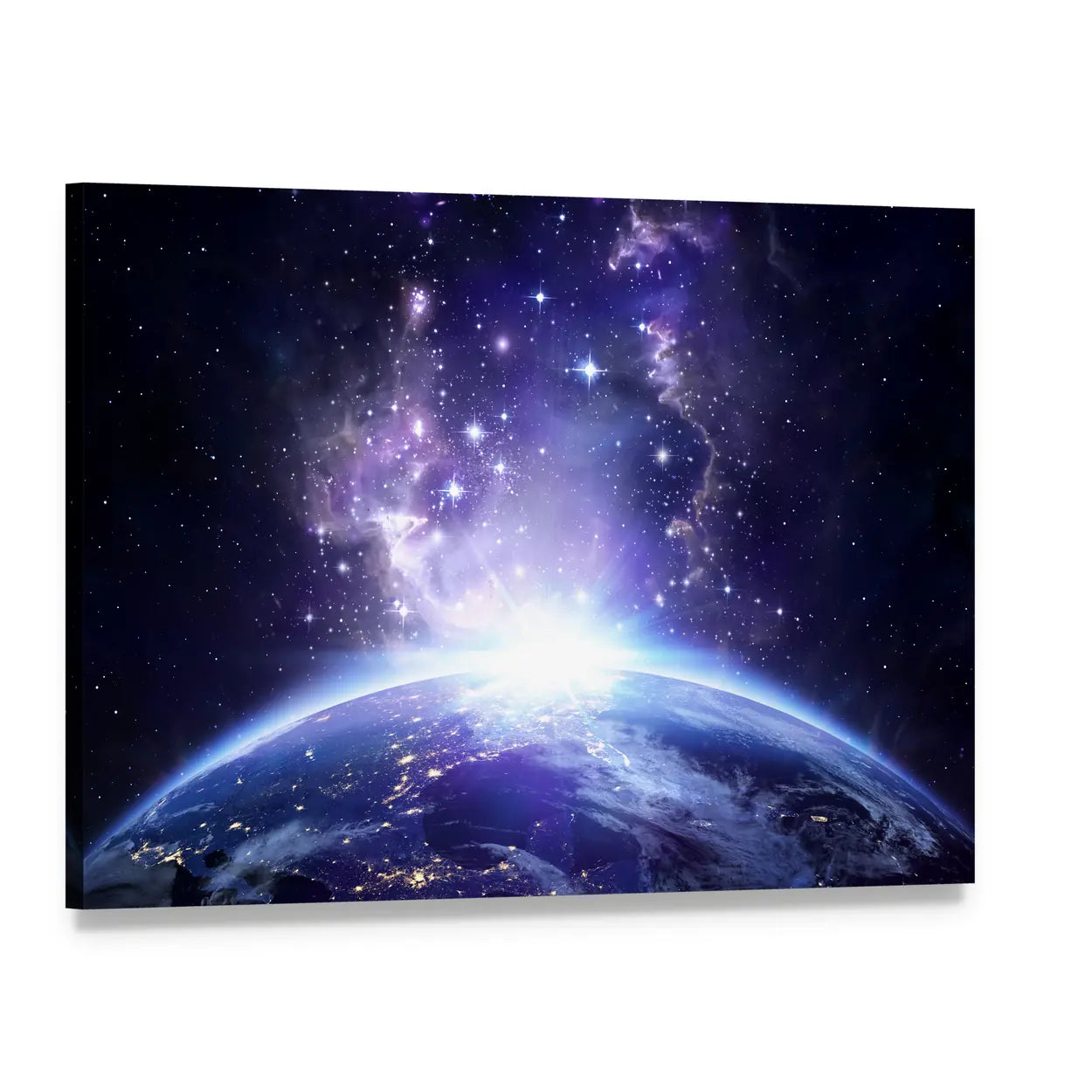 Glowing Lights on Planet Earth Canvas Wall Art, single panel gallery wrapped canvas, angled product view