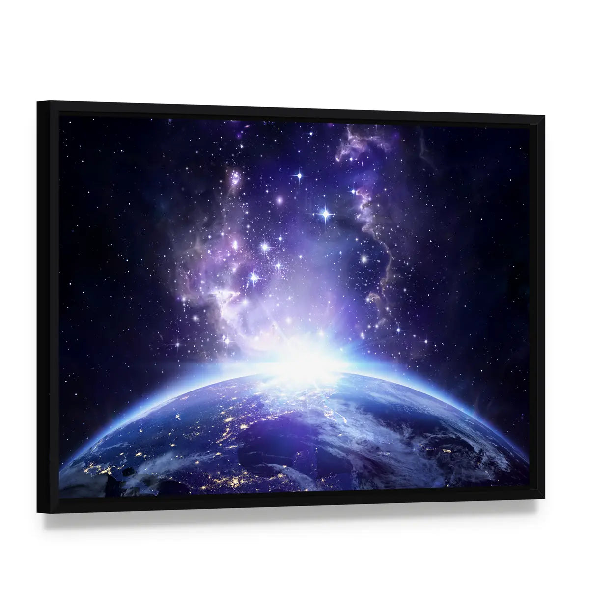Glowing Lights on Planet Earth Canvas Wall Art, framed canvas in a black floater frame, angled product view