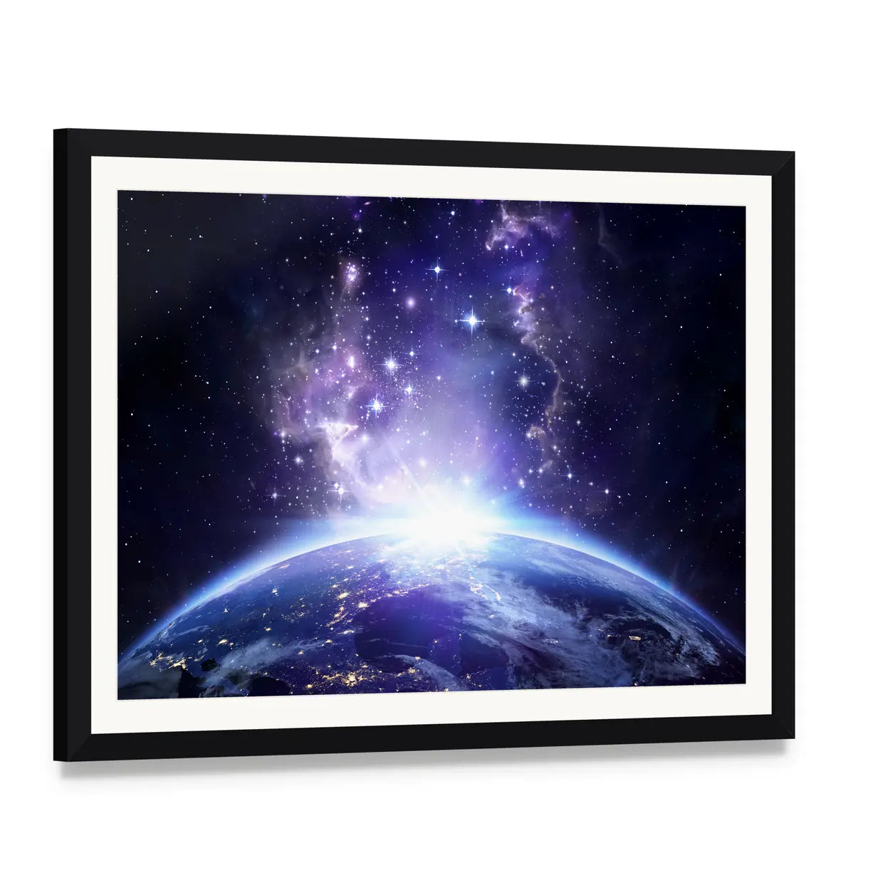 Glowing Lights on Planet Earth Canvas Wall Art, framed print with white mat and black frame, angled product view
