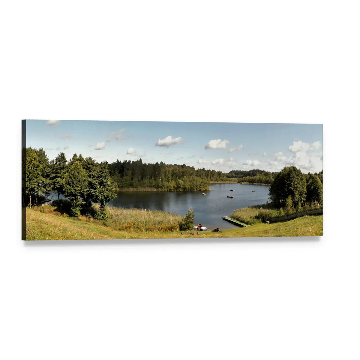 Lake Surrounded by Forest Panoramic Canvas Wall Art, single panel gallery wrapped canvas, angled product view
