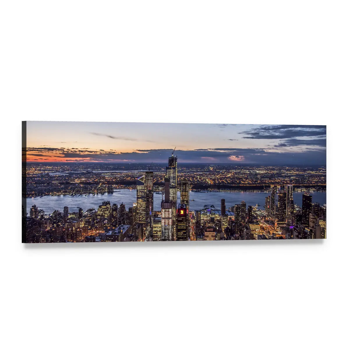 Manhattan Skyline at Dusk Panoramic Canvas Wall Art, single panel gallery wrapped canvas, angled product view