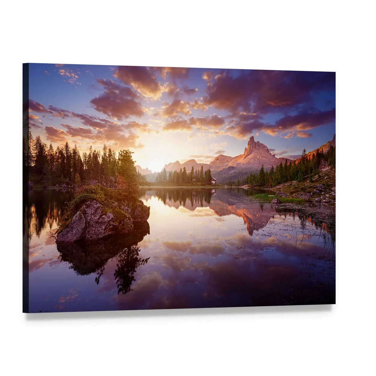 Lago Di Federa Sunset Lake Reflection Canvas Wall Art, single panel gallery wrapped canvas, angled product view