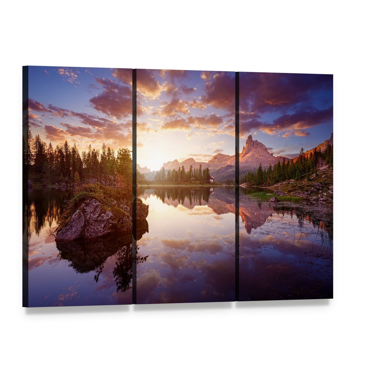 Lago Di Federa Sunset Reflections Canvas Wall Art, 3 panel 3 Horizontal layout gallery wrapped canvas set, angled product view