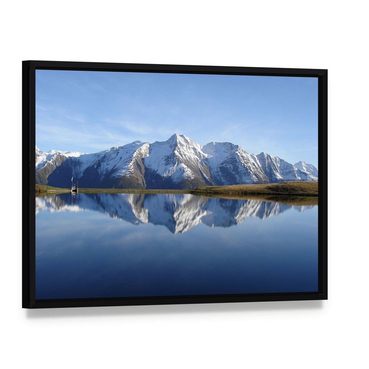 Bettmersee Lake Switzerland Canvas Wall Art, framed canvas in a black floater frame, angled product view