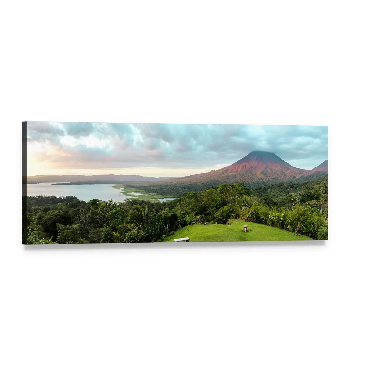 Costa Rica Volcano and Lake Landscape Panoramic Canvas Wall Art, single panel gallery wrapped canvas, angled product view