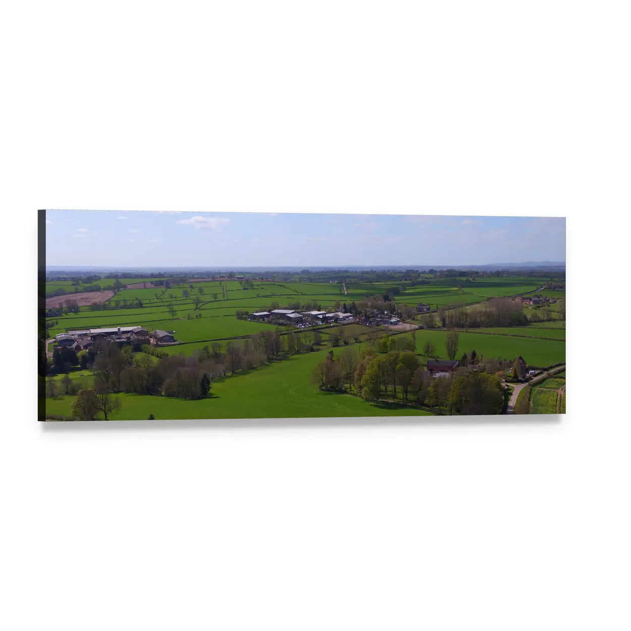 Aerial Patchwork Fields and Farmhouses Panoramic Canvas Wall Art, single panel gallery wrapped canvas, angled product view
