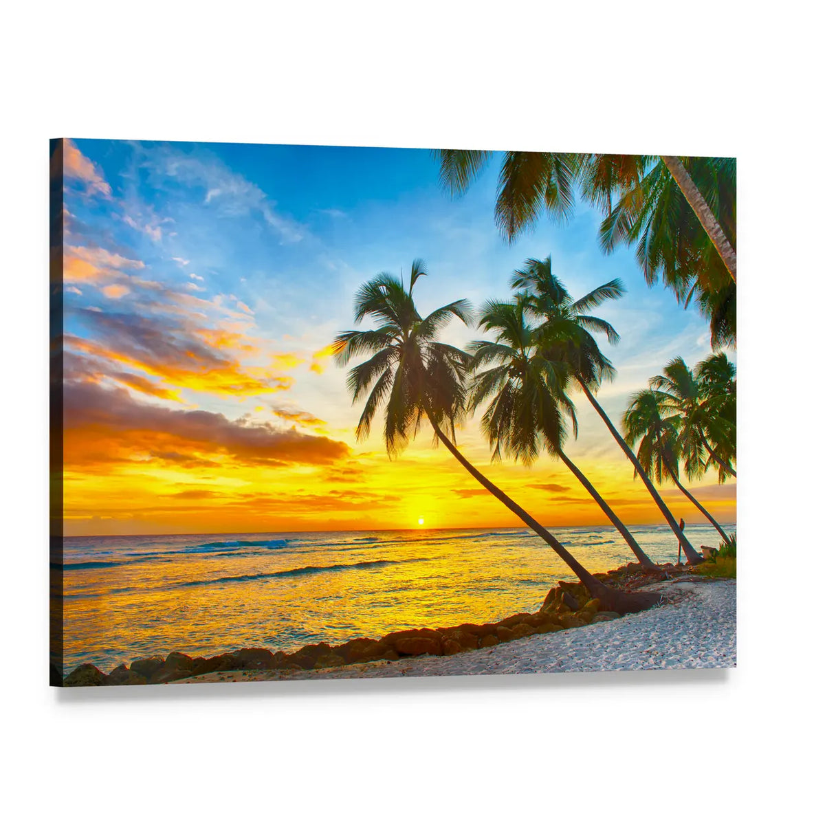 Sunset Palm Trees by the Sea Canvas Wall Art, single panel gallery wrapped canvas, angled product view