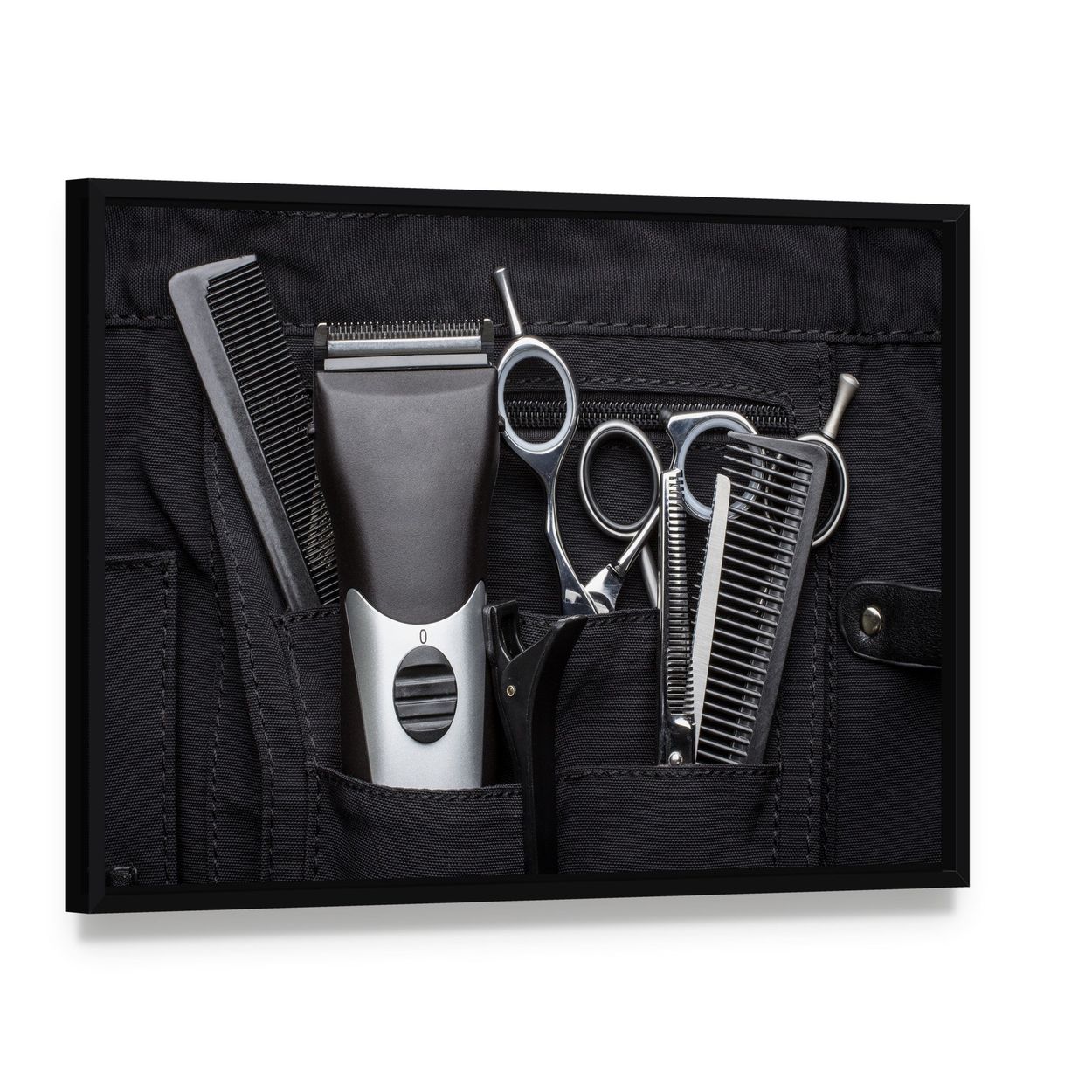 Professional Hairdressing Tools Close-up Canvas Wall Art, framed canvas in a black floater frame, angled product view