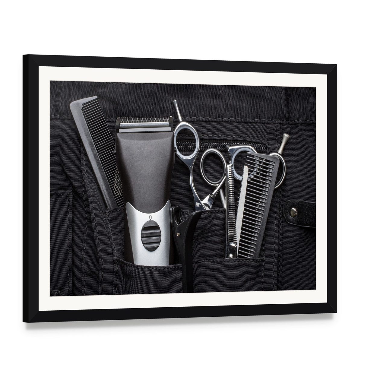Professional Hairdressing Tools Close-up Canvas Wall Art, framed print with white mat and black frame, angled product view