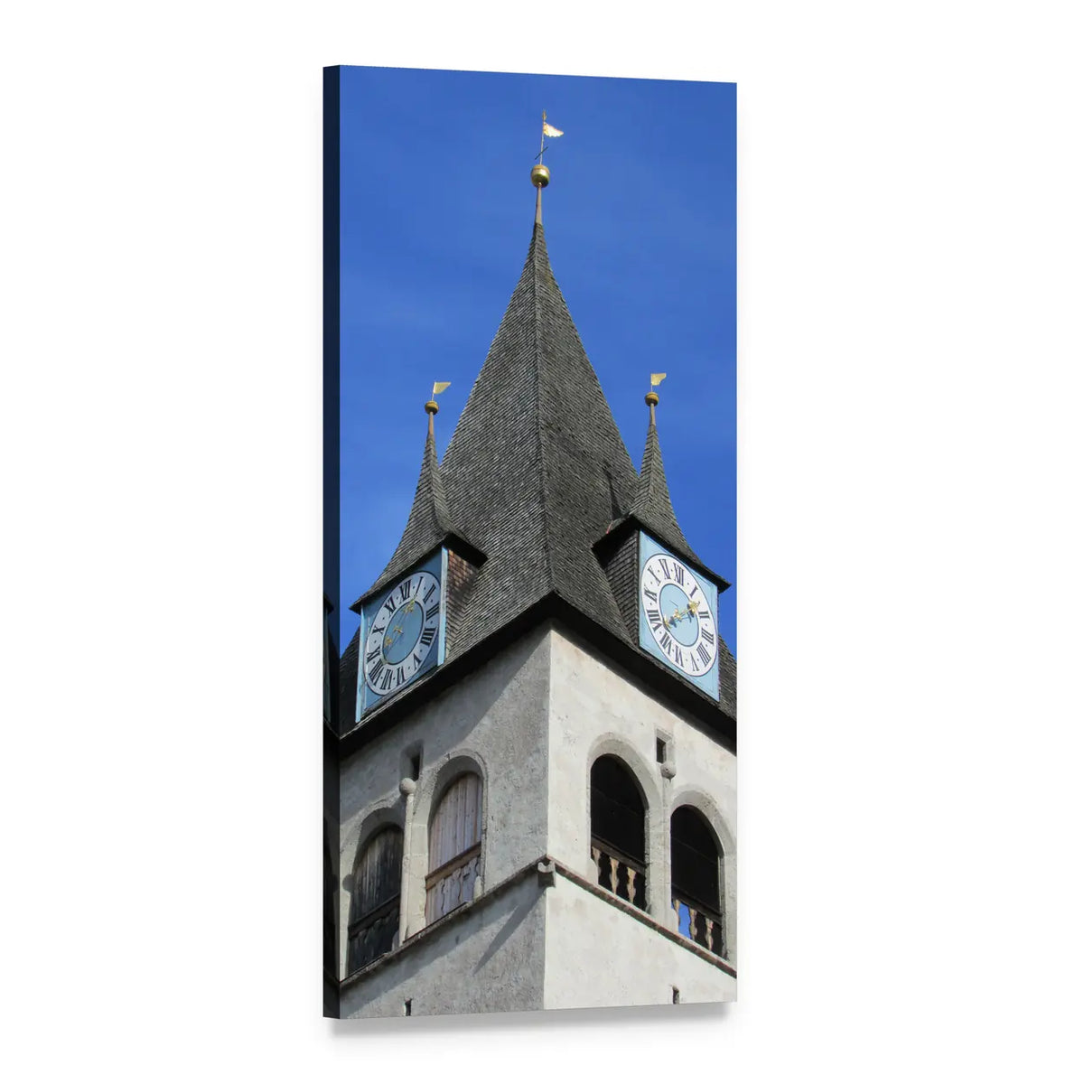 Stone Church Tower with Twin Light Blue Clocks Vertical Canvas Wall Art, 1 panel 1 Vertical layout gallery wrapped canvas set, angled product view