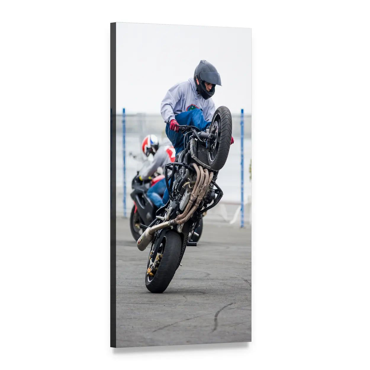 Motorcyclist Performing Wheelie Vertical Canvas Wall Art, 1 panel 1 Vertical layout gallery wrapped canvas set, angled product view