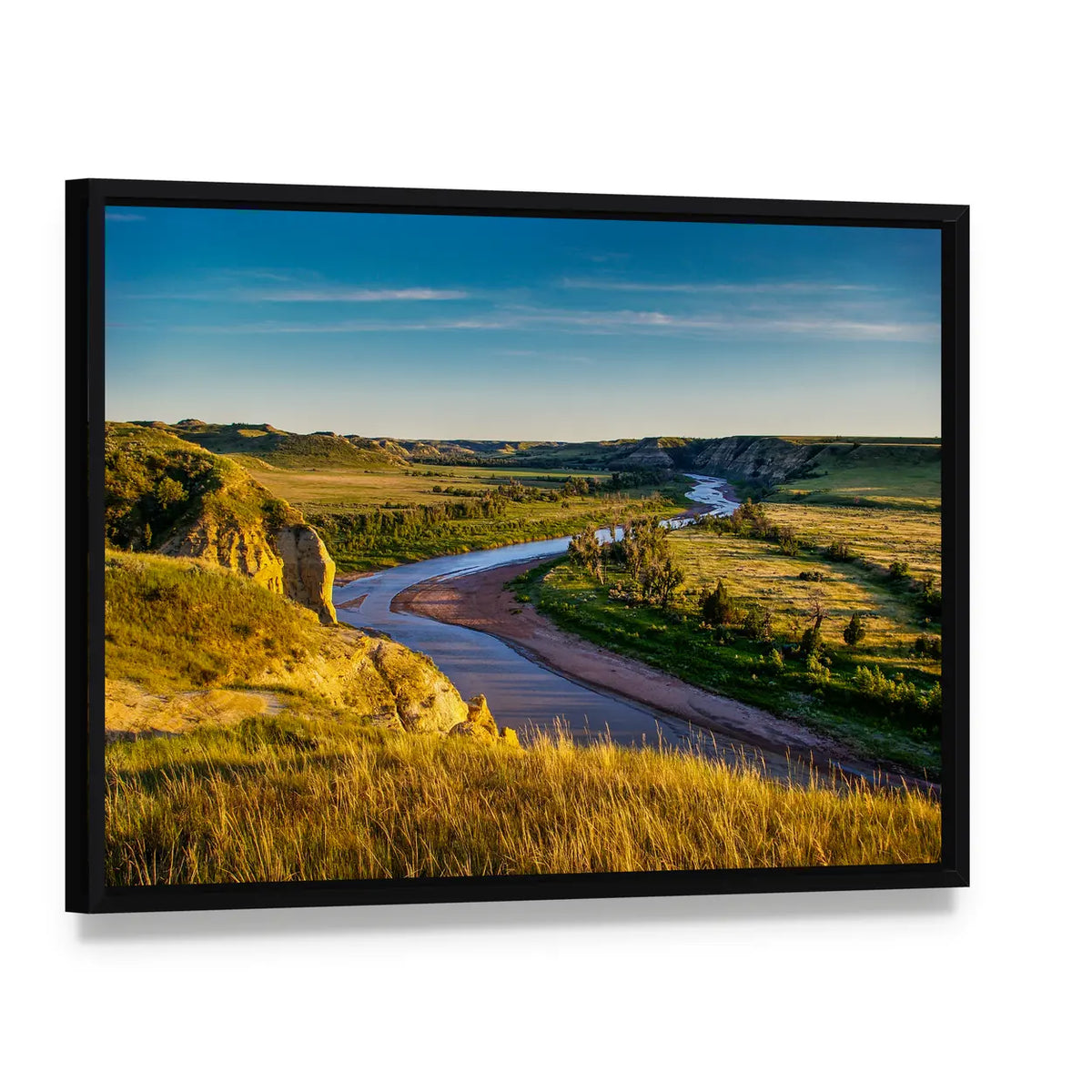 North Dakota Badlands Canvas Wall Art, framed canvas in a black floater frame, angled product view