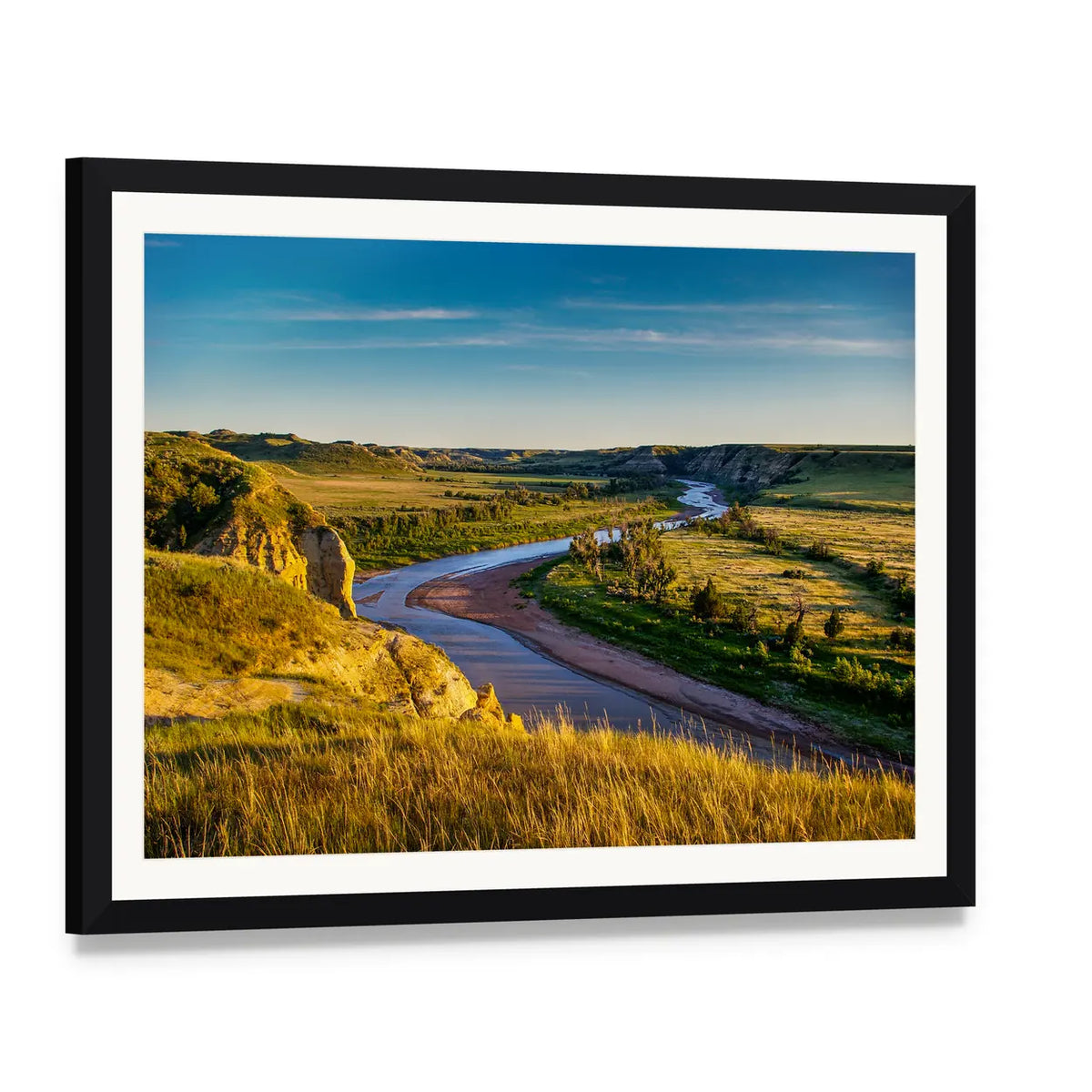 North Dakota Badlands Canvas Wall Art, framed print with white mat and black frame, angled product view
