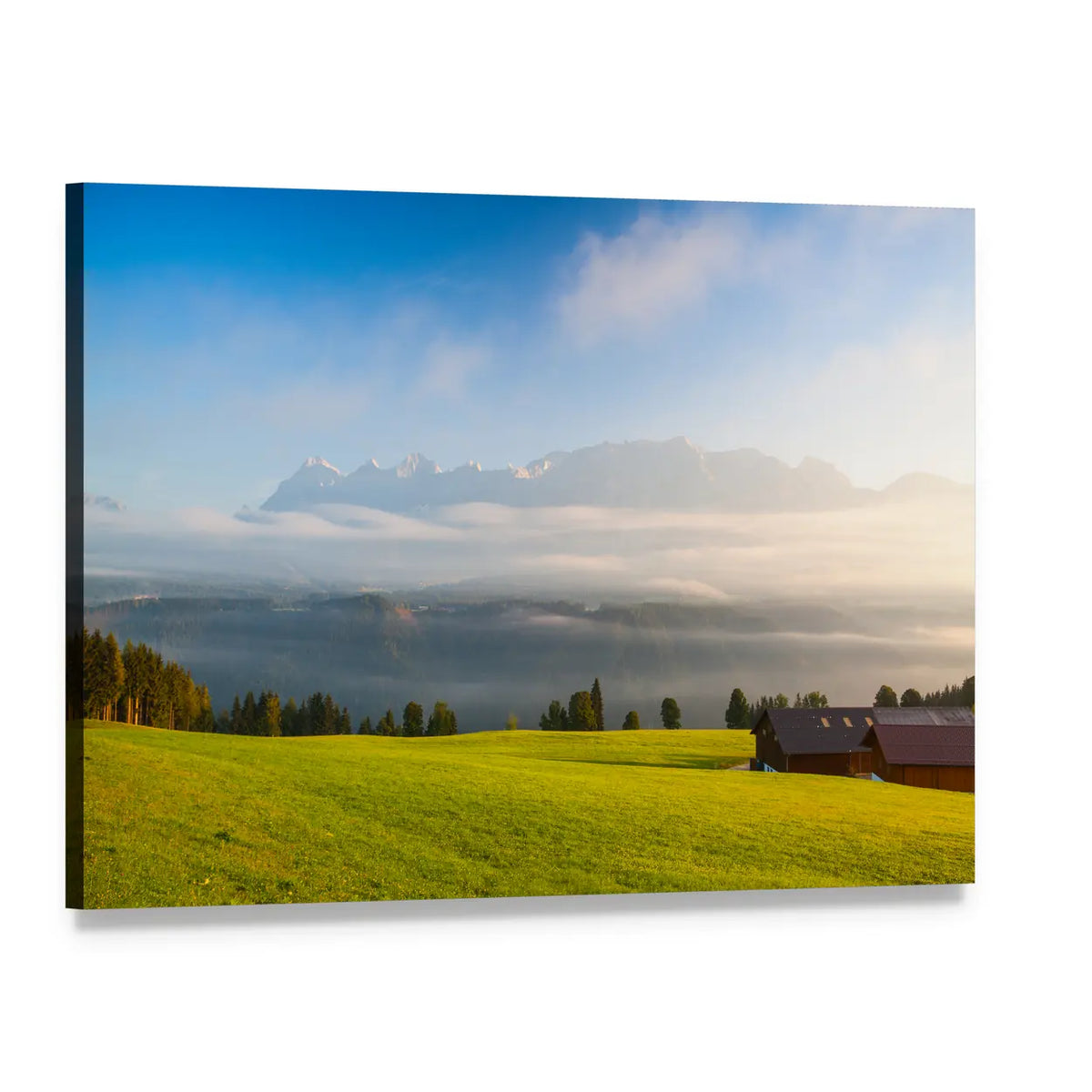 Morning On The Mountains Canvas Wall Art, single panel gallery wrapped canvas, angled product view