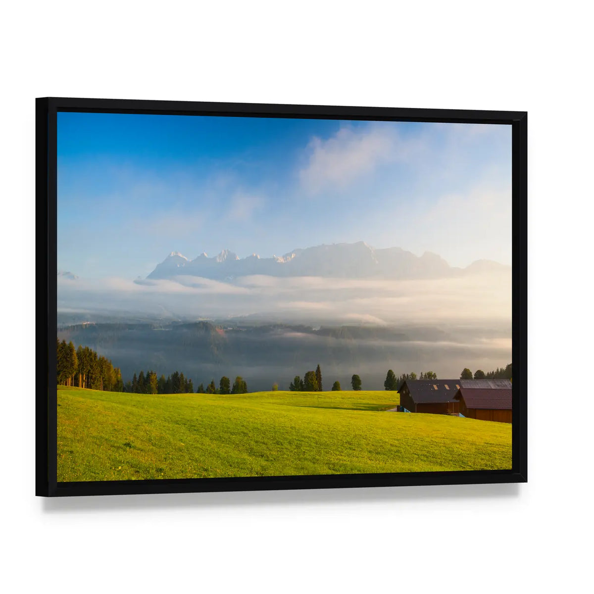 Morning On The Mountains Canvas Wall Art, framed canvas in a black floater frame, angled product view