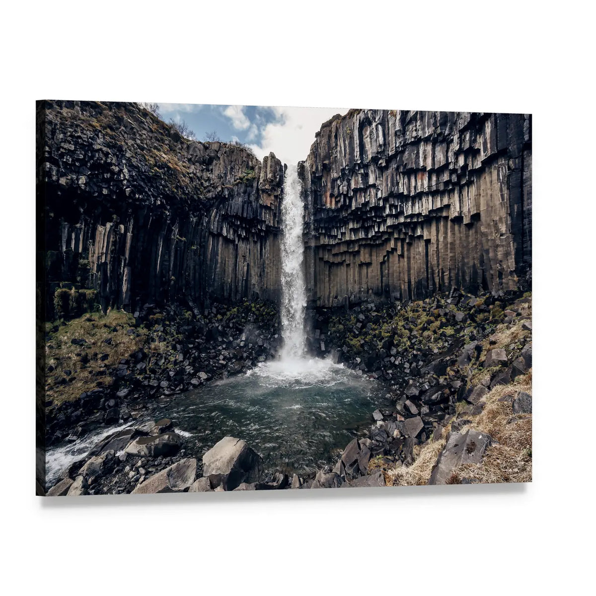 Black Waterfall with Basalt Columns Canvas Wall Art, single panel gallery wrapped canvas, angled product view