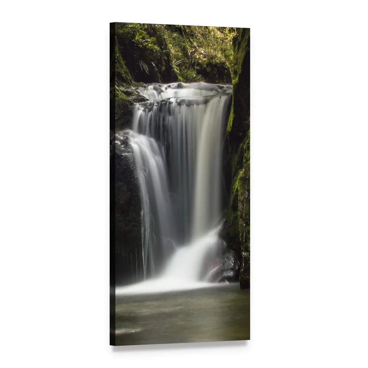 Long Exposure Forest Waterfall Vertical Canvas Wall Art, 1 panel 1 Vertical layout gallery wrapped canvas set, angled product view